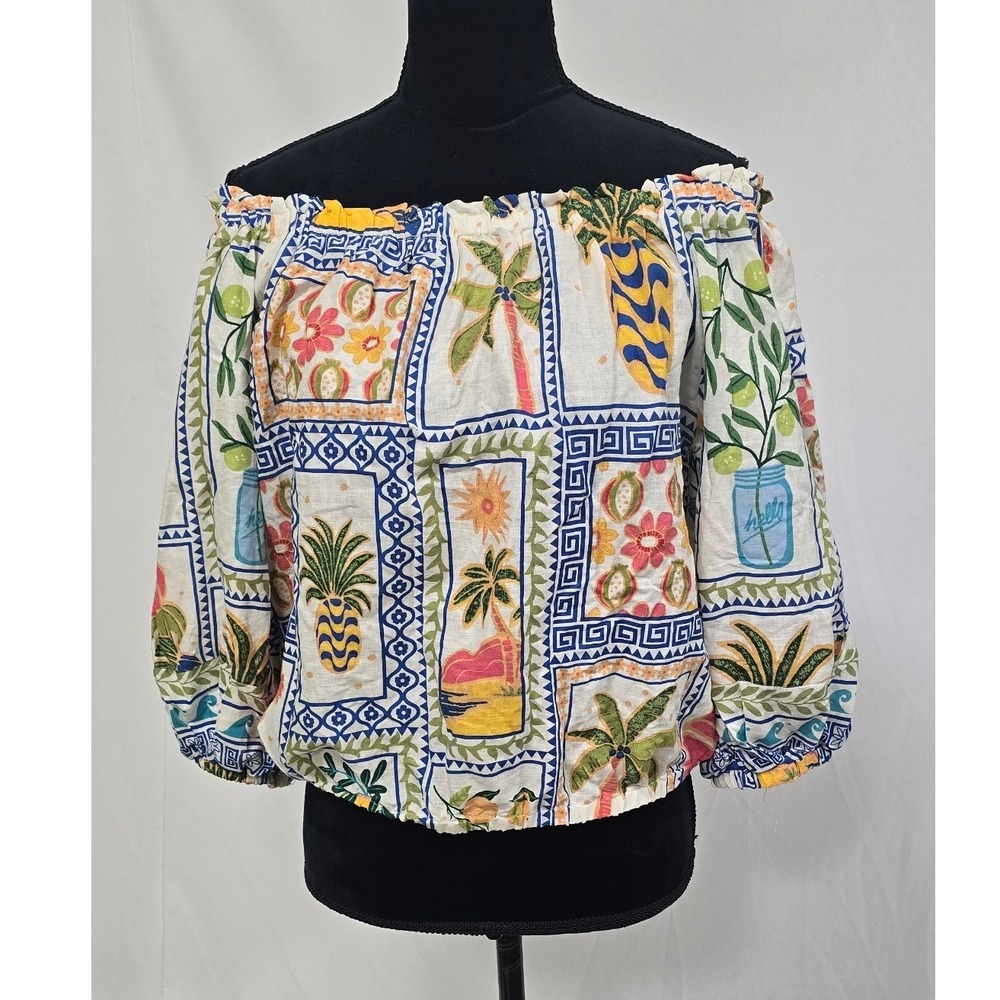 Rachel Zoe women L off the shoulder linen blend Hawaiian blouse cropped vacation